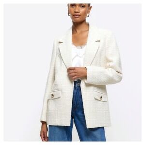 River Island Cream Tweed Blazer Jacket Womens‎ US 6 Gold Button Pockets Paris